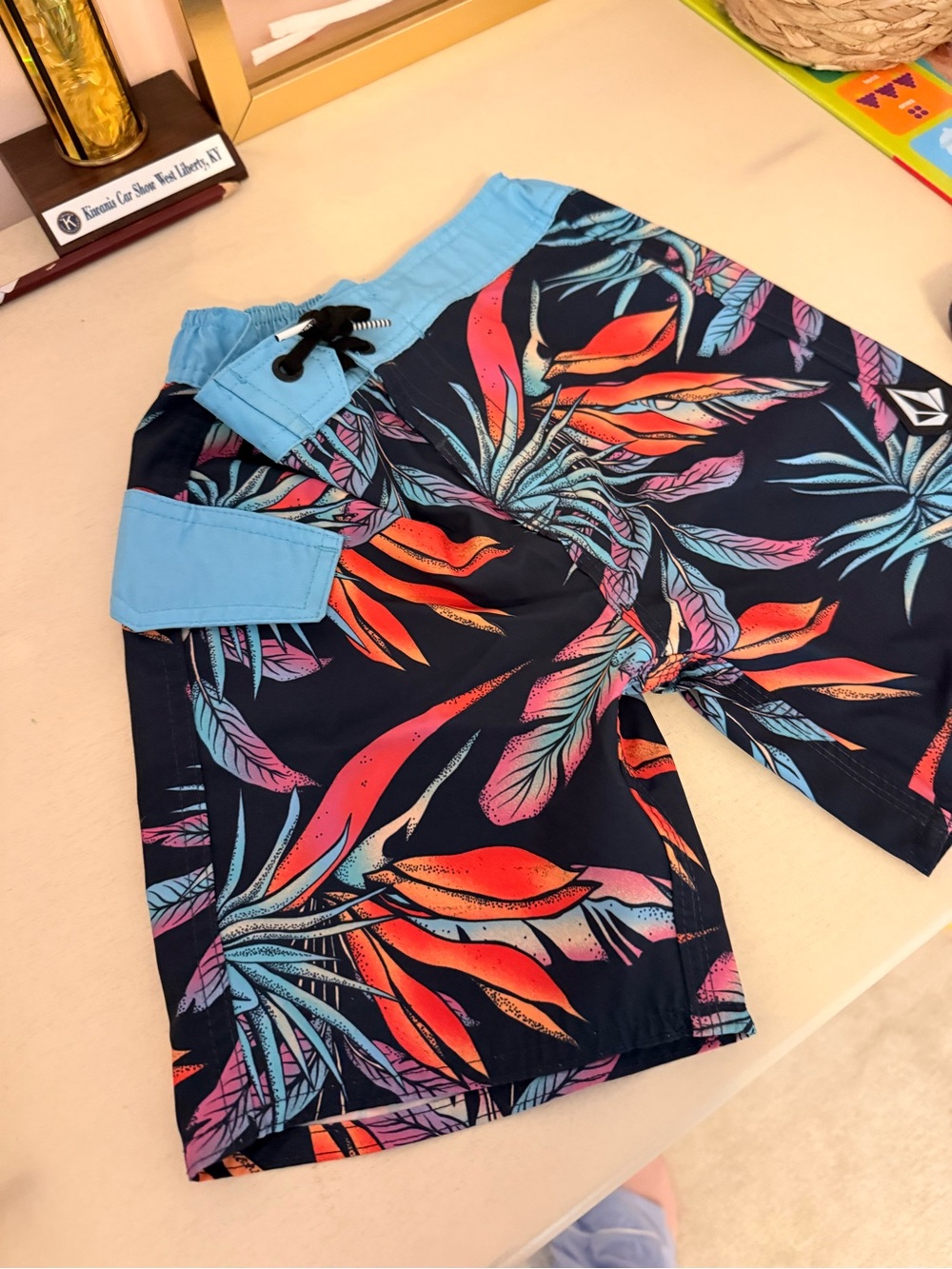 Volcom Boys Black Swim Trunks with Orange, Coral & Aqua Floral Print